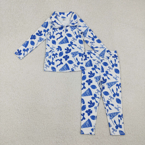 Go Team Football Blue White Athletic Yoga Girls Long Sleeve+Trousers Sets