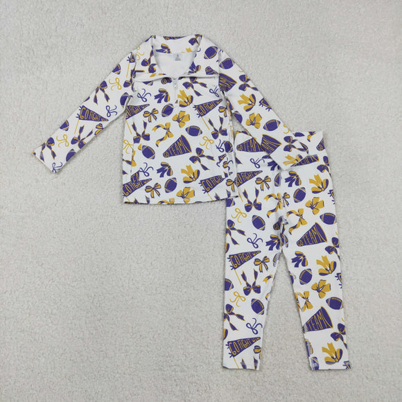 Go Team Football Yellow Purple White Athletic Yoga Girls Long Sleeve+Trousers Sets