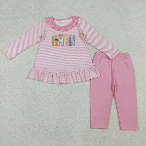 Hello Pumpkin Pink Ruffles Stripe Girls Long Sleeve+Trousers Sets