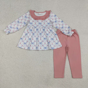 Floral Blue Bow Pattern Pink Ruffles Girls Long Sleeve+Trousers Sets