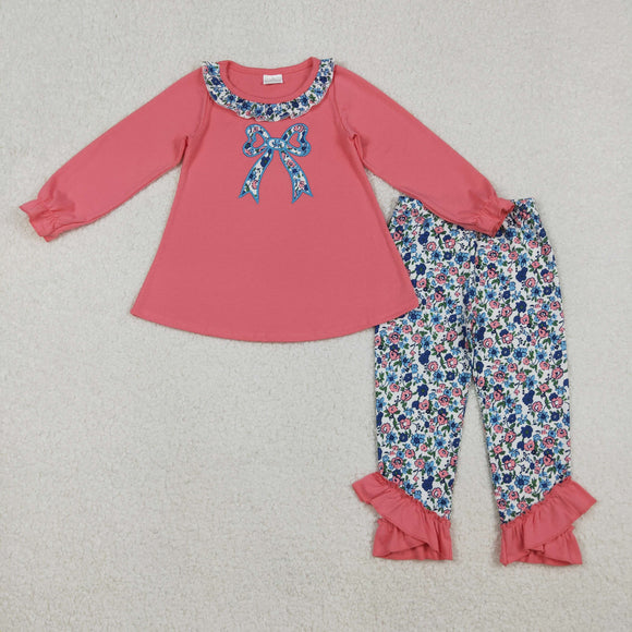 Bow Embroidery Floral Ruffles Girls Long Sleeve+Trousers Sets