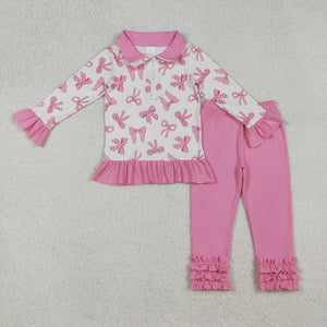 Bow Pattern Zipper Pink Ruffles Girls Long Sleeve+Trousers Sets