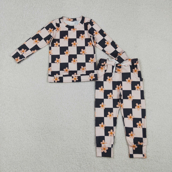 Floral Black Plaid Girls Long Sleeve+Trousers Sets