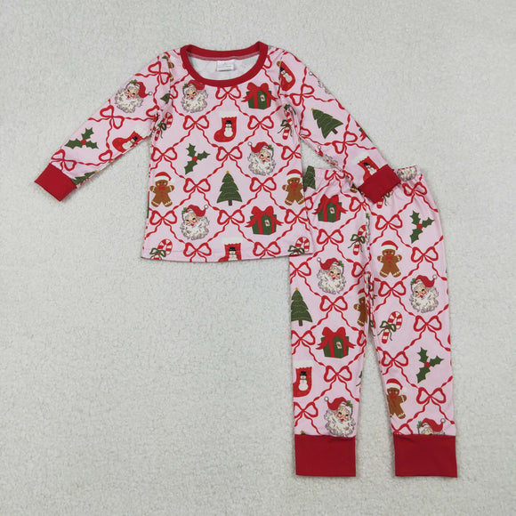 Santa Gift Plaid Bow Pattern Girls Christmas Pajamas