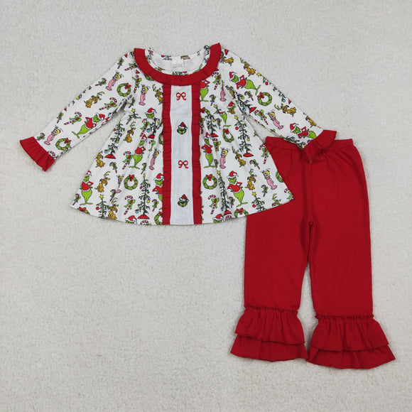 Bow Cartoon Red Ruffles White Girls Christmas Outfits
