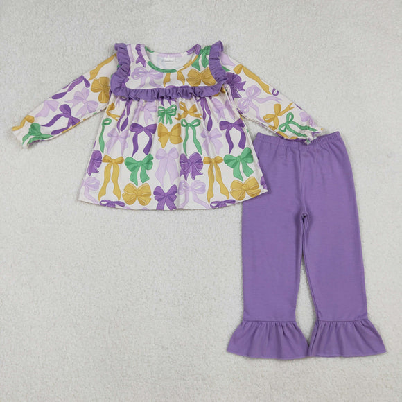 Bow Pattern Purple Ruffles Girls Mardi Gras Outfits