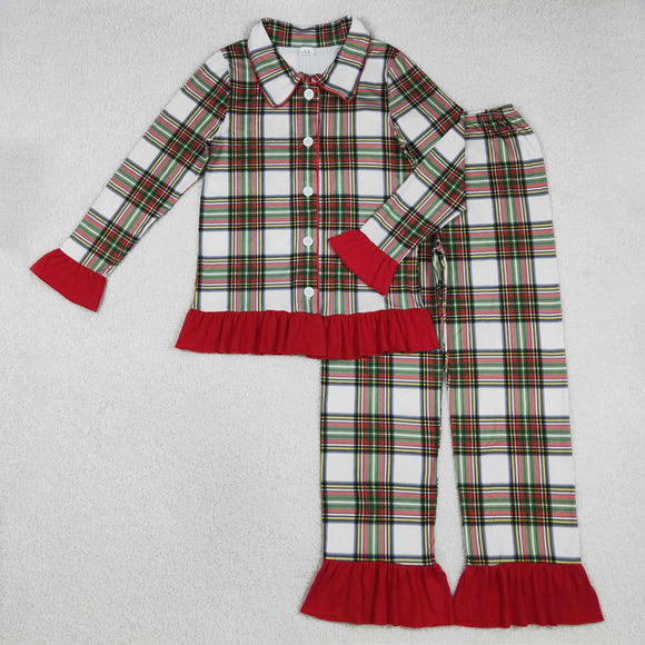 Adults Red Green Stripe Plaid Ruffles Women Christmas Pajamas