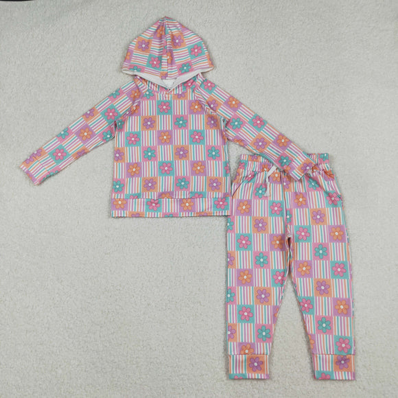 Floral Colorful Stripe Girls Fall Hoodie Sets