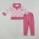 Santa Bow Pink Plaid Buttons Girls Christmas Outfits