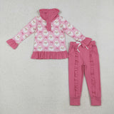Santa Bow Pink Plaid Buttons Girls Christmas Outfits