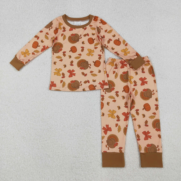 Turkey Bow Pattern Brown Girls Thanksgiving Pajamas