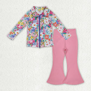 Floral Pink Bow Pattern Athletic Yoga Girls Long Sleeve+Trousers Sets
