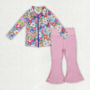 Floral Light Pink Bow Pattern Athletic Yoga Girls Long Sleeve+Trousers Sets