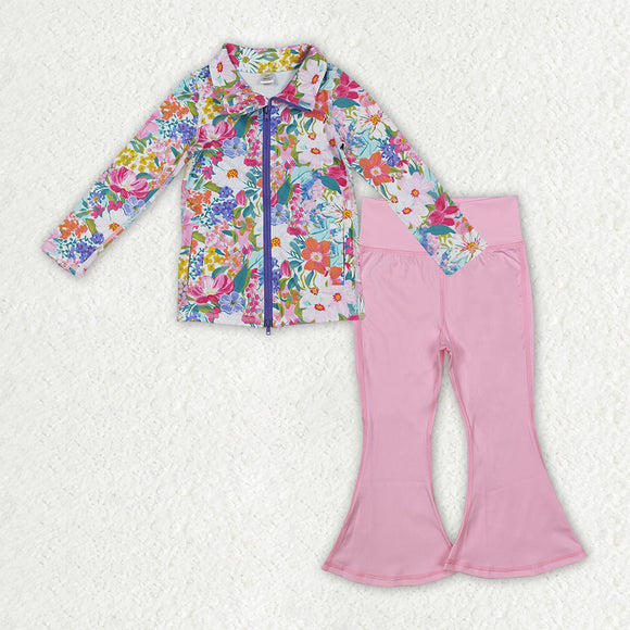 Floral Light Pink Bow Pattern Athletic Yoga Girls Long Sleeve+Trousers Sets