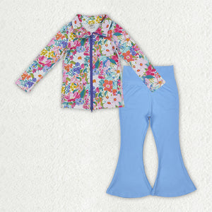 Floral Light Blue Bow Pattern Athletic Yoga Girls Long Sleeve+Trousers Sets