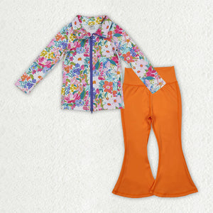 Floral Orange Bow Pattern Athletic Yoga Girls Long Sleeve+Trousers Sets