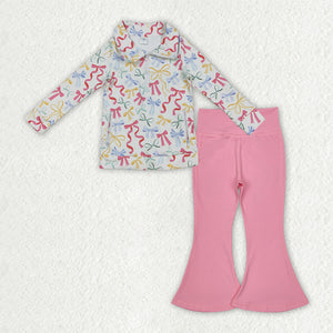 Colorful Bow Pattern Pink Athletic Yoga Girls Long Sleeve+Trousers Sets