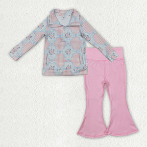 Floral Bow Pattern Plaid Light Pink Athletic Yoga Girls Long Sleeve+Trousers Sets