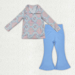 Floral Bow Pattern Plaid Blue Athletic Yoga Girls Long Sleeve+Trousers Sets