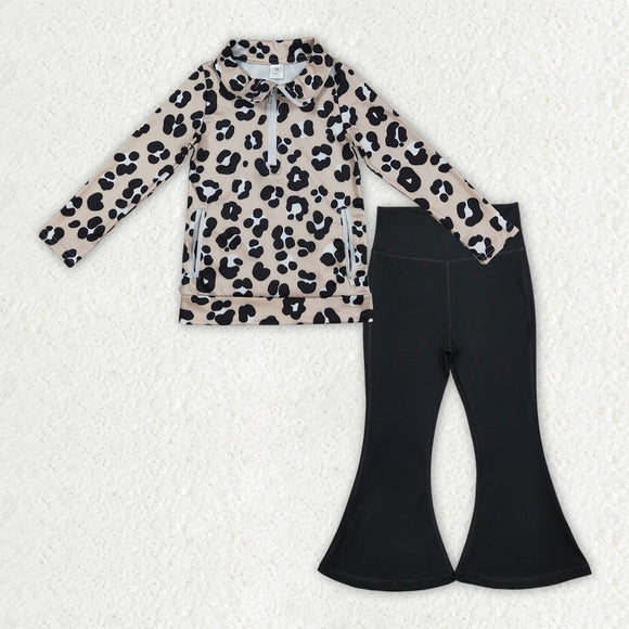 Leopard Print Black Athletic Yoga Girls Long Sleeve+Trousers Sets