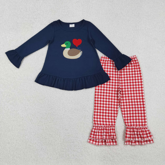 Duck Heart Red Plaid Navy Girls Valentines Outfits
