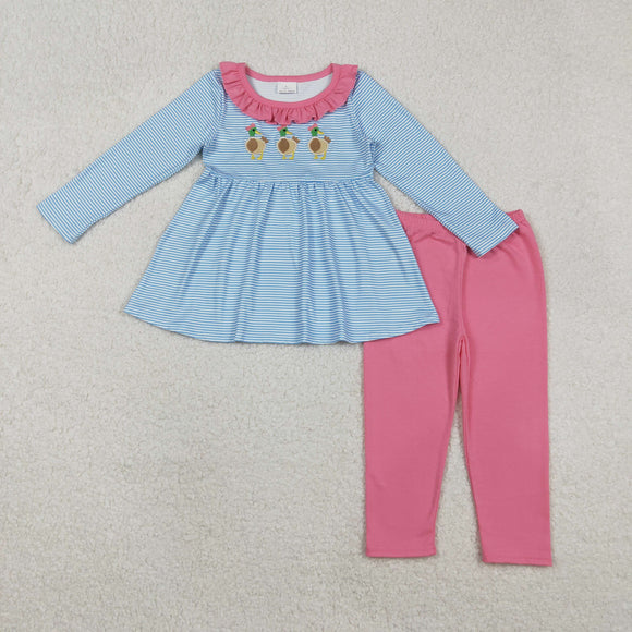 Bow Ducks Embroidery Pink Ruffles Blue Stripe Girls Long Sleeve+Trousers Sets