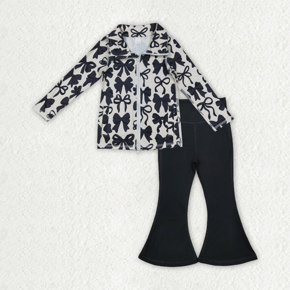 Bow Pattern Black Athletic Yoga Girls Long Sleeve+Trousers Sets