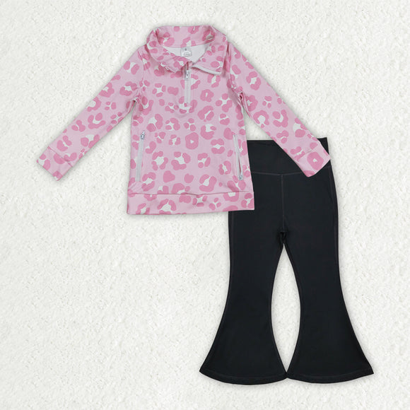Pink Leopard Print Black Athletic Yoga Girls Long Sleeve+Trousers Sets