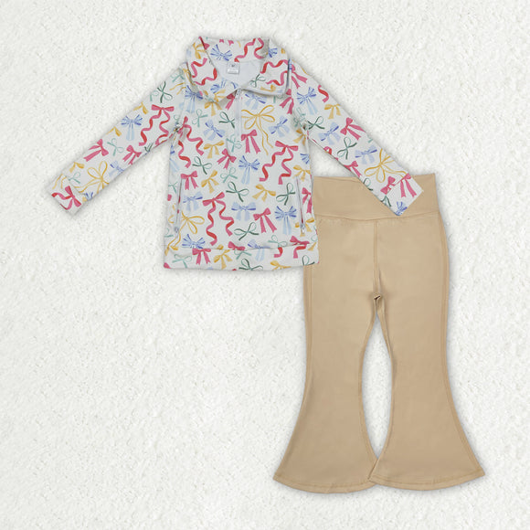 Colorful Bow Pattern Khaki Athletic Yoga Girls Long Sleeve+Trousers Sets