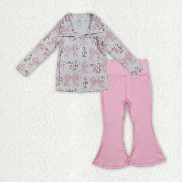 Floral Bow Pattern Pink Athletic Yoga Girls Long Sleeve+Trousers Sets