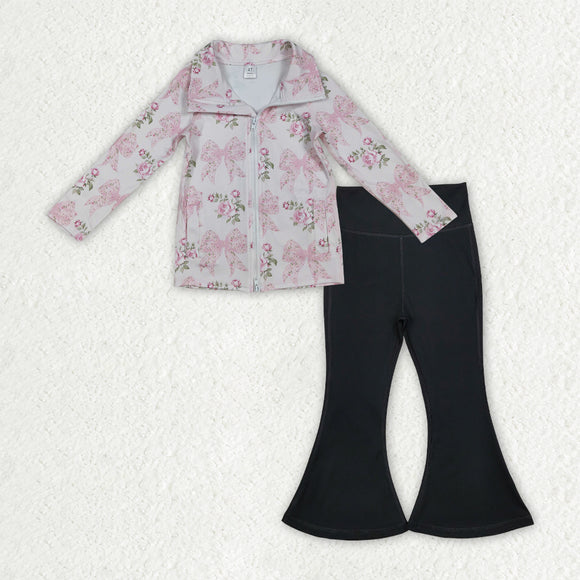 Floral Bow Pattern Black Athletic Yoga Girls Long Sleeve+Trousers Sets