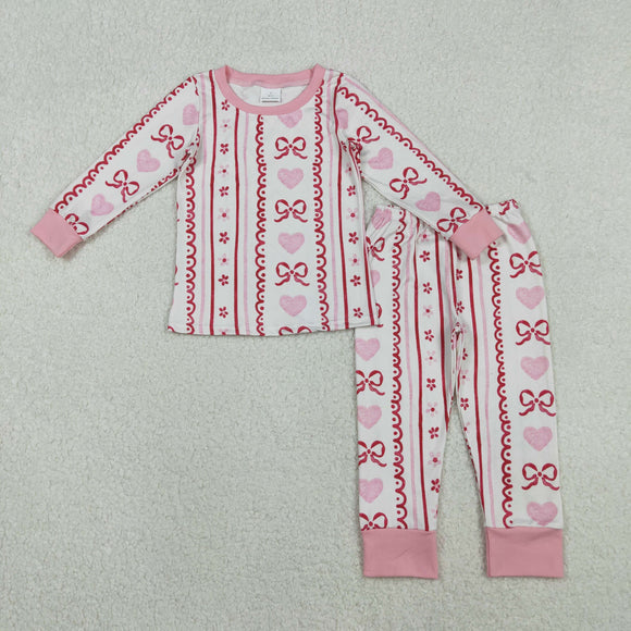 Bow Pattern Heart Stripe Pink White Girls Valentines Pajamas