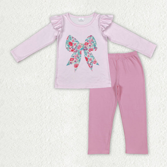 Floral Bow Pattern Pink Girls Long Sleeve+Trousers Sets