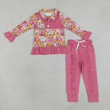Floral Hot Pink Ruffles Girls Long Sleeve+Trousers Sets