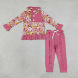 Floral Hot Pink Ruffles Girls Long Sleeve+Trousers Sets