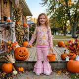 Pumpkin Stripe Pink Ripped Denim Girls Long Sleeve+Trousers Sets
