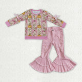 Pumpkin Stripe Pink Ripped Denim Girls Long Sleeve+Trousers Sets