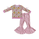 Pumpkin Stripe Pink Ripped Denim Girls Long Sleeve+Trousers Sets