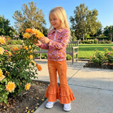 Colorful Floral Orange Ripped Denim Girls Long Sleeve+Trousers Sets