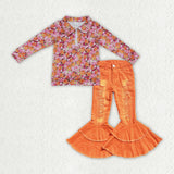 Colorful Floral Orange Ripped Denim Girls Long Sleeve+Trousers Sets