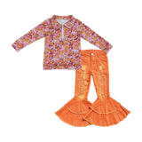 Colorful Floral Orange Ripped Denim Girls Long Sleeve+Trousers Sets