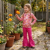 Colorful Floral Hot Pink Denim Girls Long Sleeve+Trousers Sets