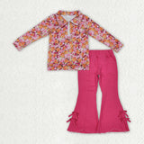 Colorful Floral Hot Pink Denim Girls Long Sleeve+Trousers Sets