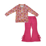 Colorful Floral Hot Pink Denim Girls Long Sleeve+Trousers Sets