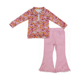 Colorful Floral Pink Tassels Denim Girls Long Sleeve+Trousers Sets