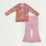 Colorful Floral Pink Tassels Denim Girls Long Sleeve+Trousers Sets