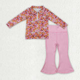 Colorful Floral Pink Athletic Girls Long Sleeve+Trousers Sets