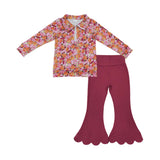 Colorful Floral Hot Pink Scalloped Girls Long Sleeve+Trousers Sets