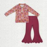 Colorful Floral Hot Pink Scalloped Girls Long Sleeve+Trousers Sets