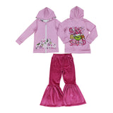 Cartoon Hot Pink Velvet Girls Christmas Outfits